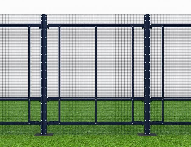 SecureGuard RCS mesh HVM fence with navy posts and 358-style welded mesh on a grassed perimeter
