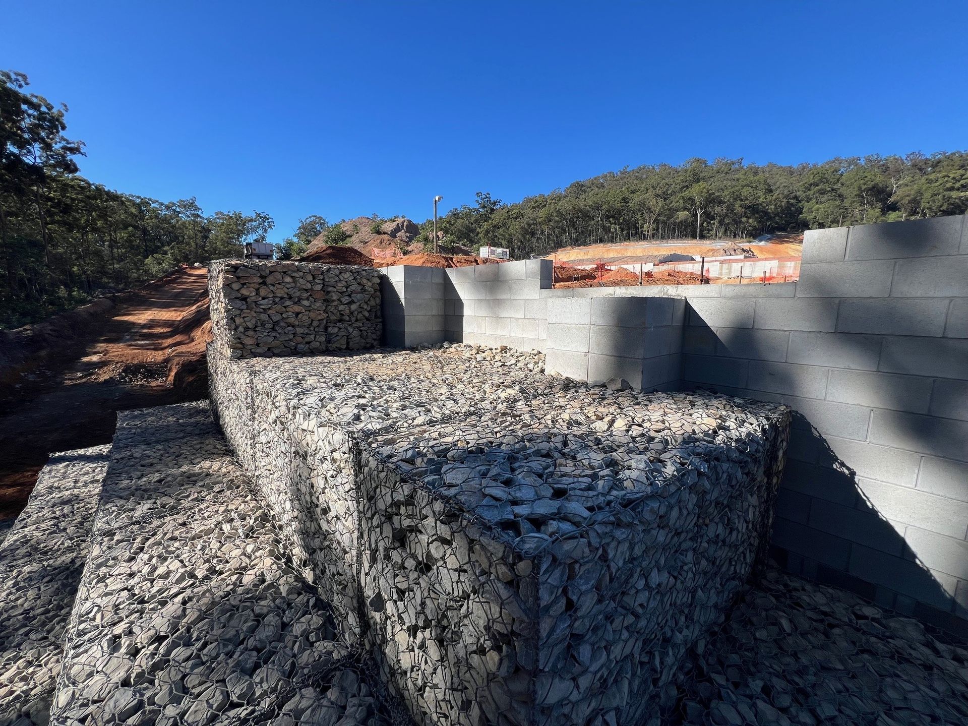 Gabion retaining wall with stone fill baskets